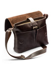 Leather messenger bag, brown, open