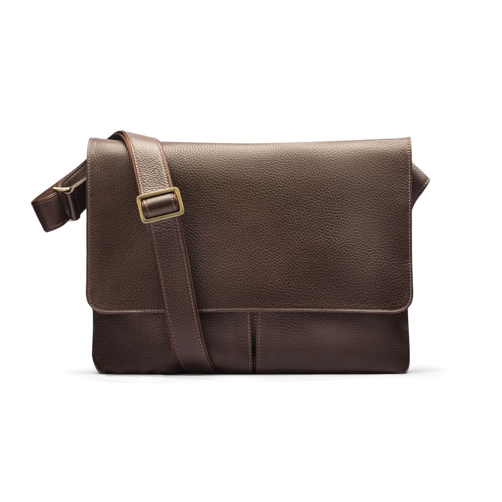 Leather messenger bag, brown pebble grain, front