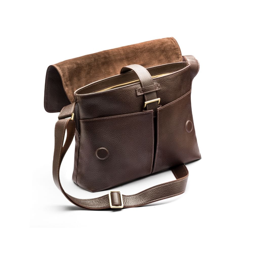 Leather messenger bag, brown pebble grain, open