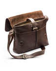 Leather messenger bag, brown pebble grain, open