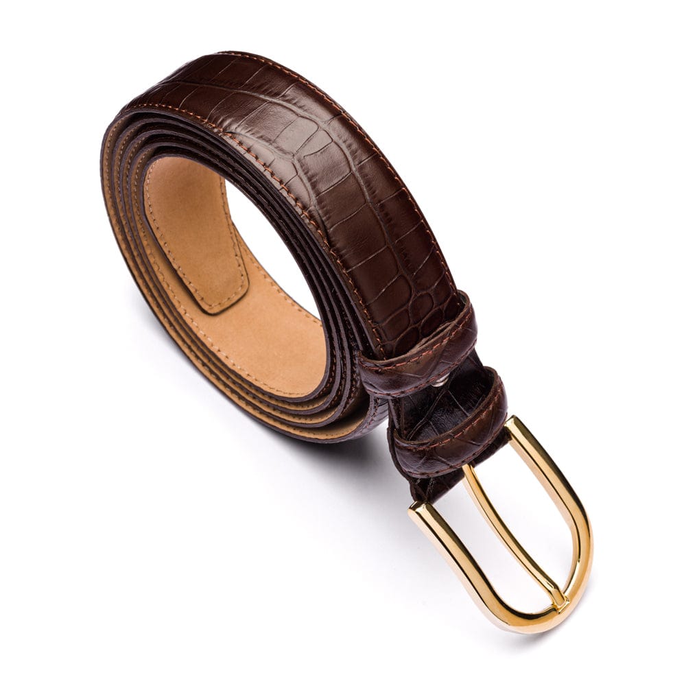 Mens extra long leather belt, brown croc, gold buckle