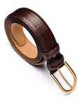 Mens extra long leather belt, brown croc, gold buckle