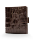 Compact leather RFID billfold wallet with tab, brown croc, front