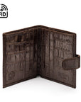 Compact leather RFID billfold wallet with tab, brown croc, open