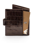 Compact leather RFID billfold wallet with tab, brown croc, back