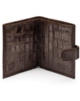 Compact leather RFID billfold wallet with tab, brown croc, open view