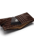 Compact leather RFID billfold wallet with tab, brown croc, inside