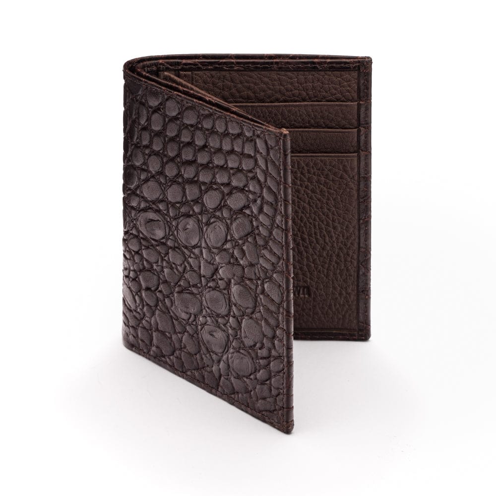 Compact leather wallet with 6 credit card slots and 2 ID windows, brown croc, front