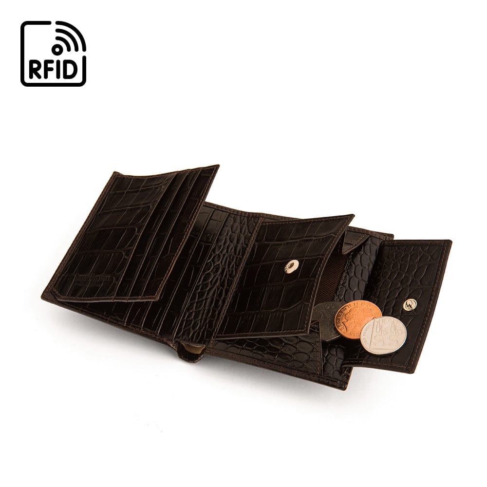 Compact RFID leather wallet with coin purse, brown croc, open