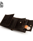 Compact RFID leather wallet with coin purse, brown croc, open