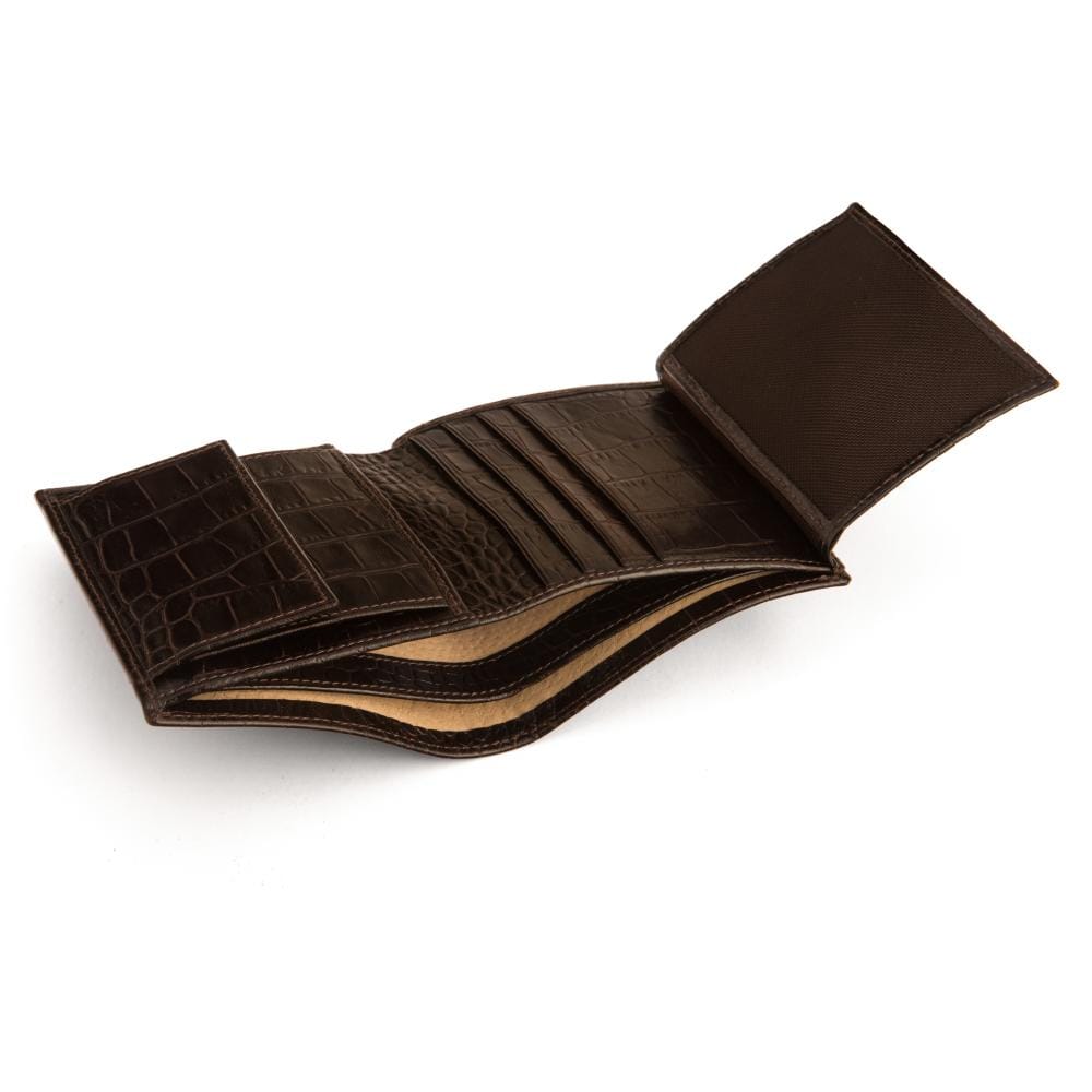 Compact RFID leather wallet with coin purse, brown croc, inside