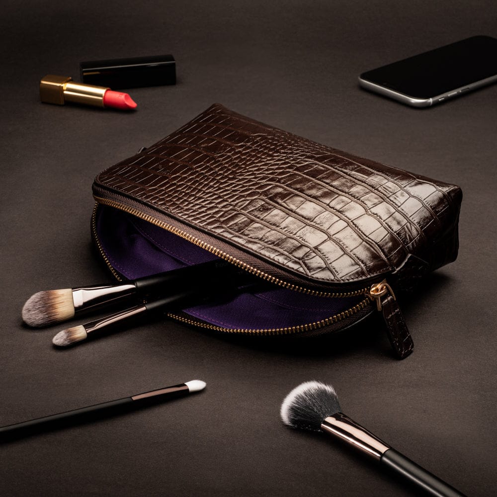 Leather cosmetic bag, brown croc, lifestyle