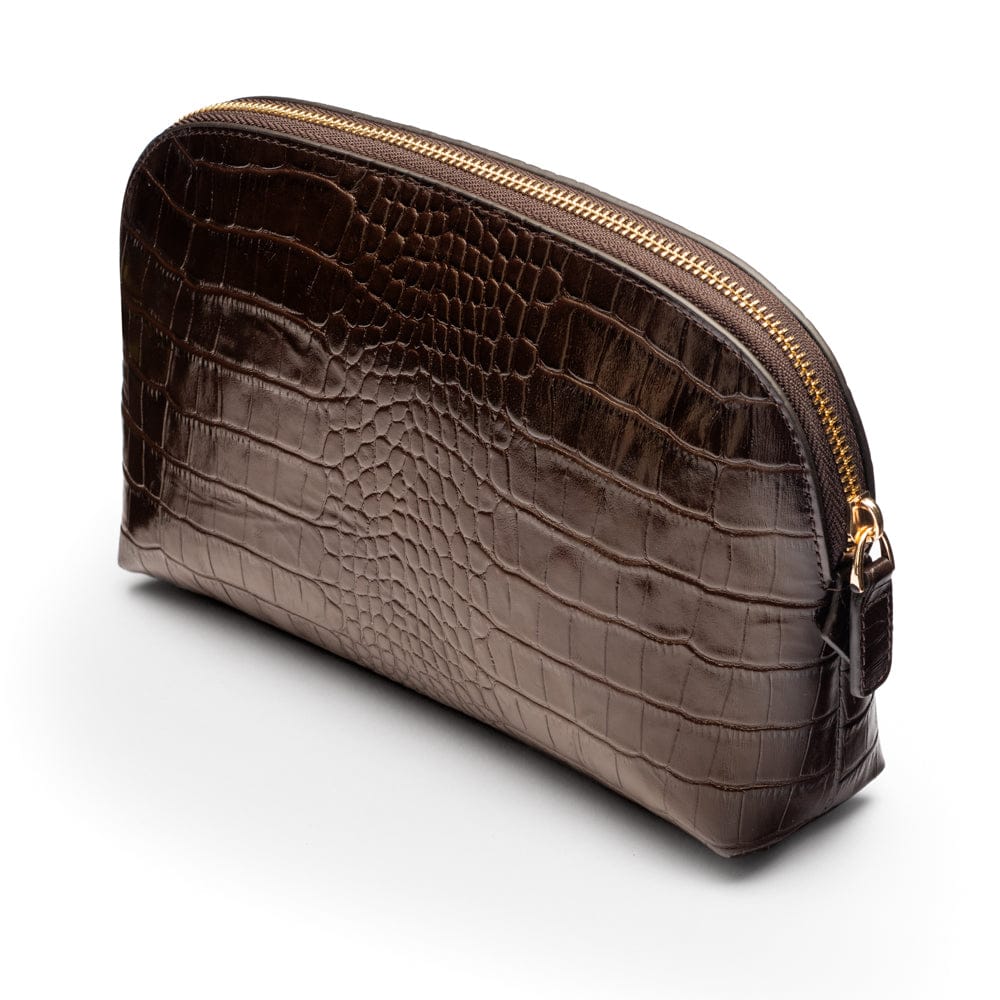 Leather cosmetic bag, brown croc, front view