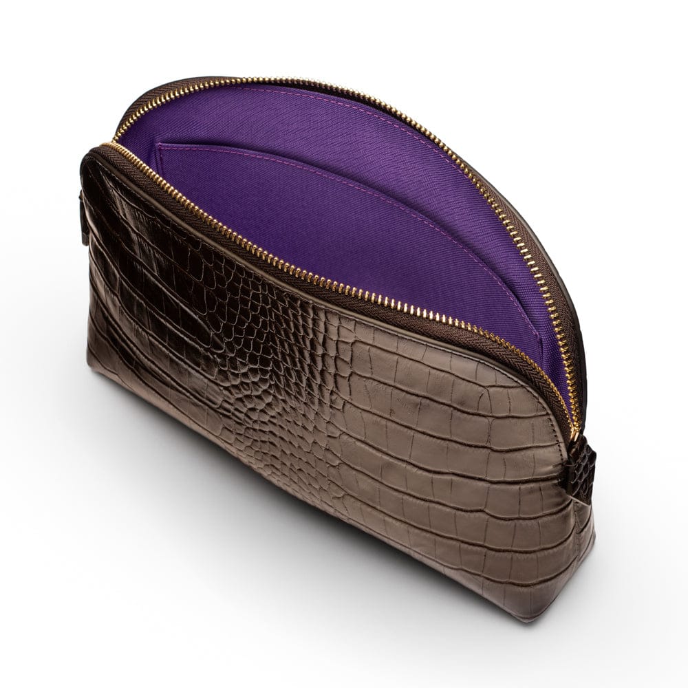 Leather cosmetic bag, brown croc, inside