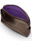 Leather cosmetic bag, brown croc, inside
