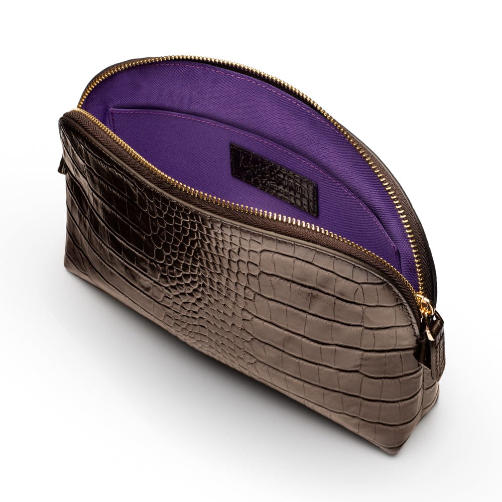 Leather cosmetic bag, brown croc, open