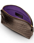 Leather cosmetic bag, brown croc, open