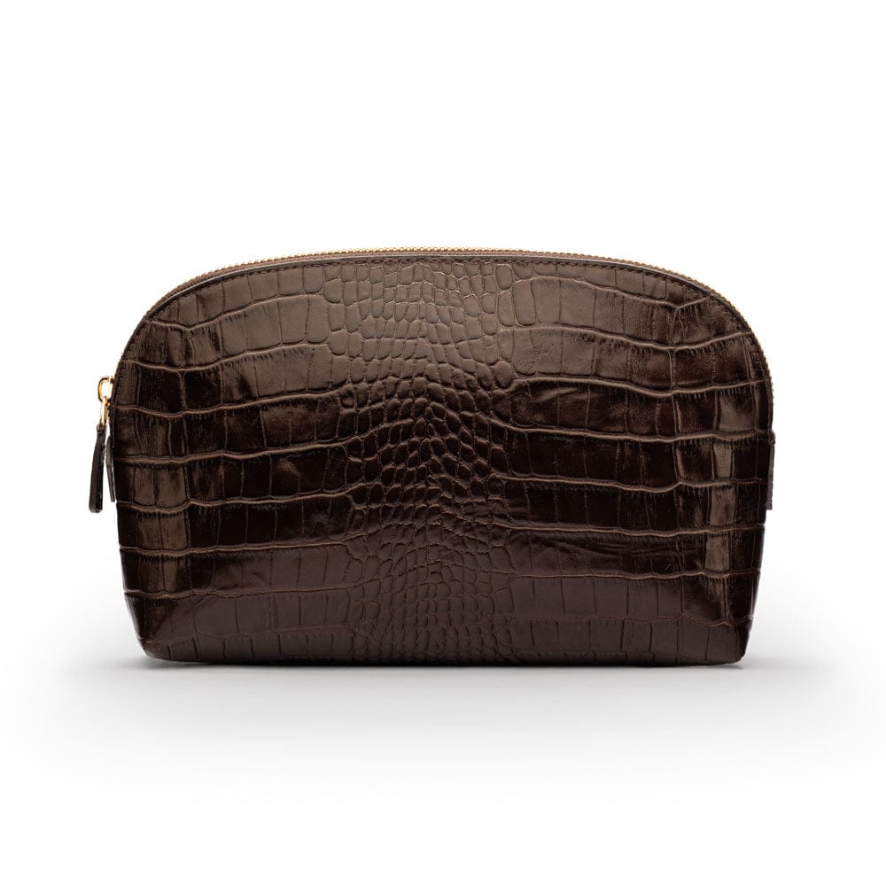 Leather cosmetic bag, brown croc, front