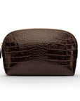 Leather cosmetic bag, brown croc, front