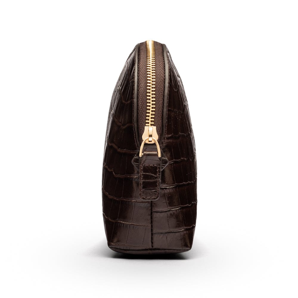 Leather cosmetic bag, brown croc, side view