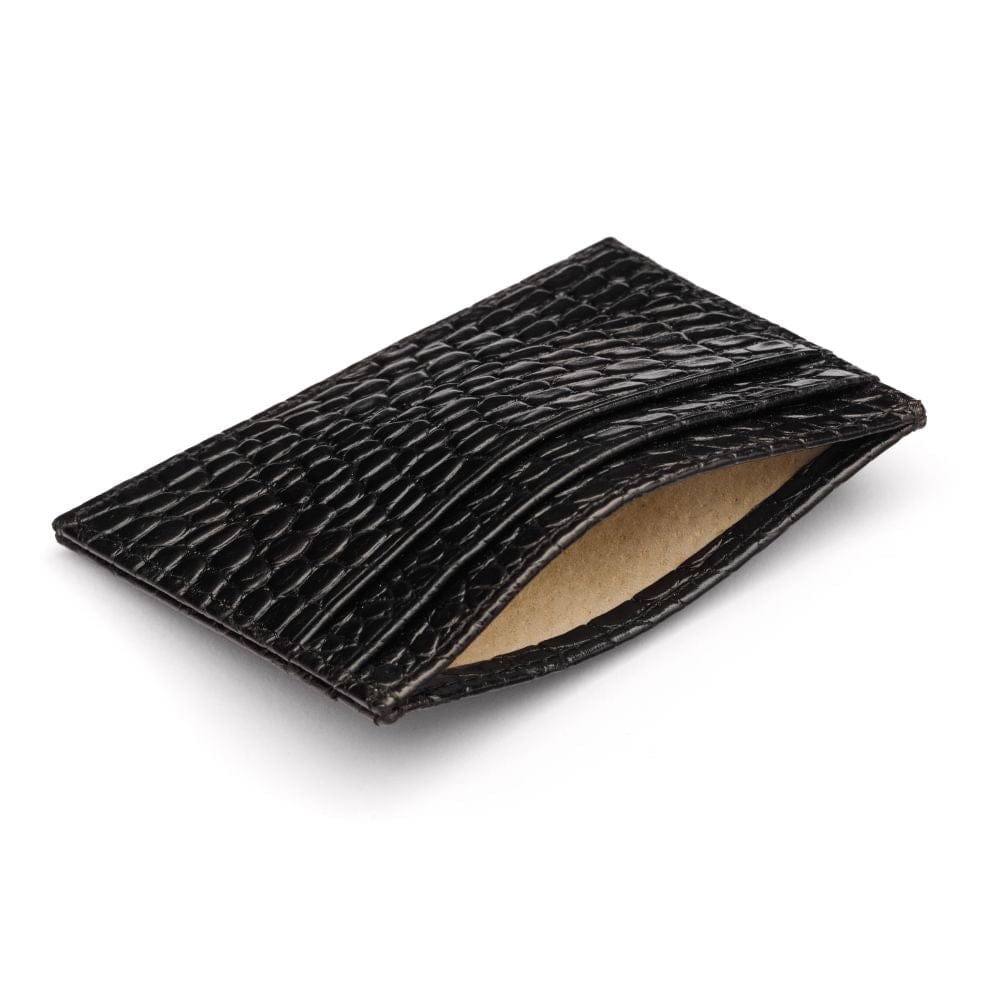 Flat leather credit card wallet 4 CC, black croc, inside