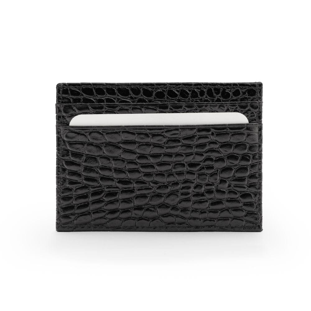 Flat leather credit card wallet 4 CC, black croc, front