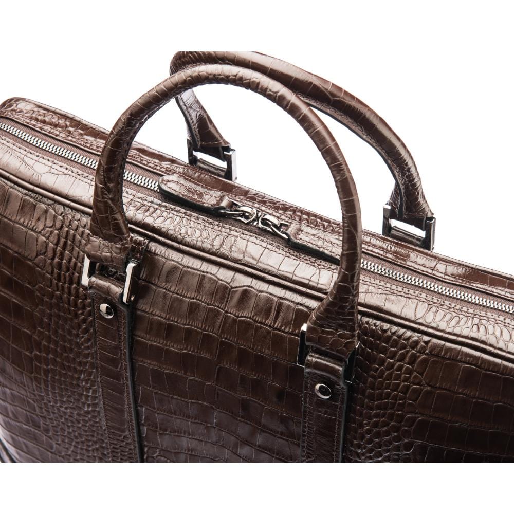15" leather laptop bag, brown croc, closeup