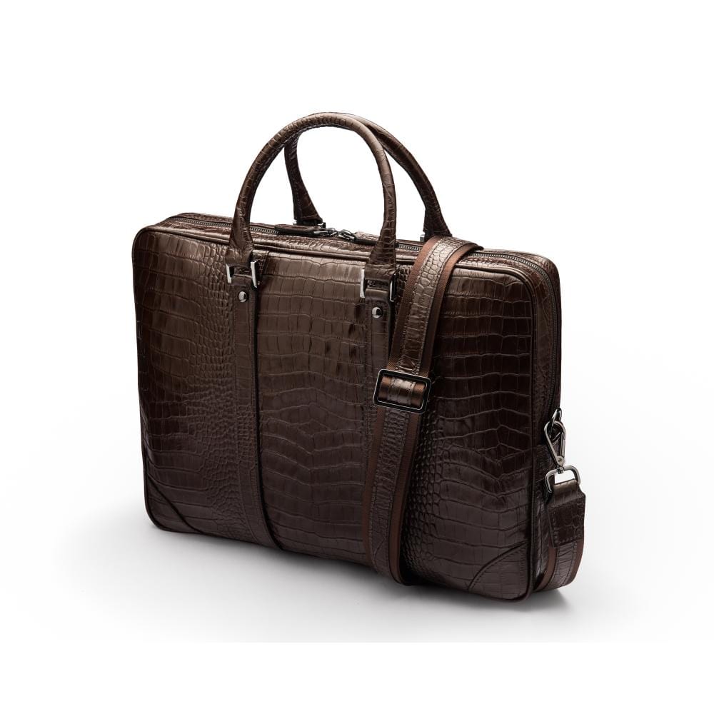 15" leather laptop bag, brown croc, with strap