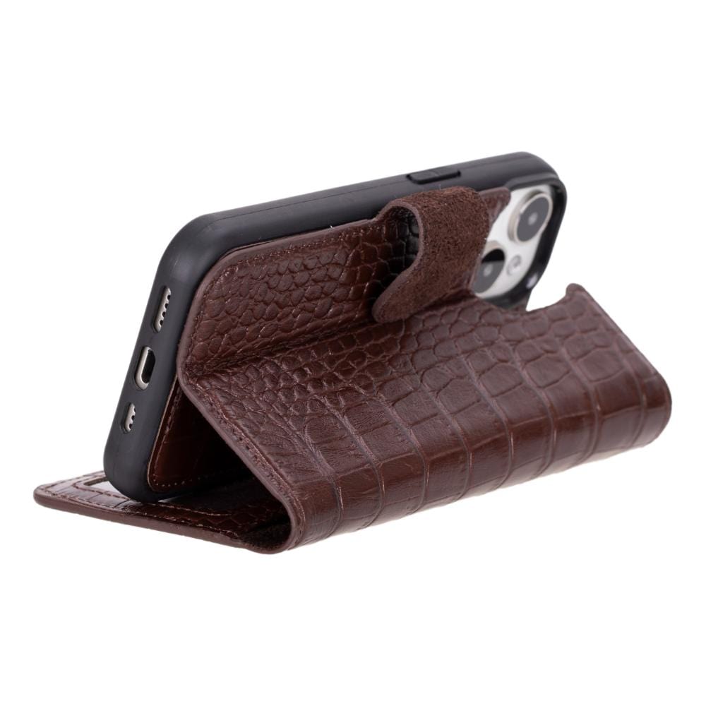 iPhone 15 case in leather with RFID, brown croc, folding stand design