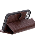 iPhone 15 case in leather with RFID, brown croc, folding stand design