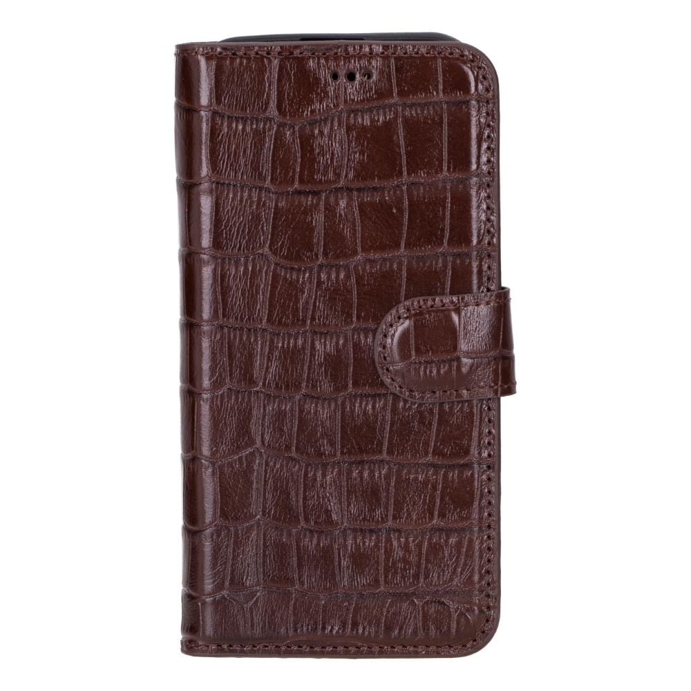 iPhone 15 case in leather with RFID, brown croc, front