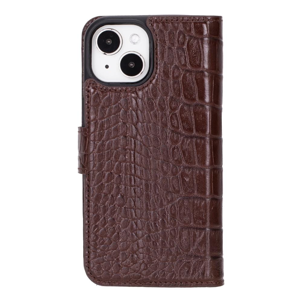 iPhone 15 case in leather with RFID, brown croc, back