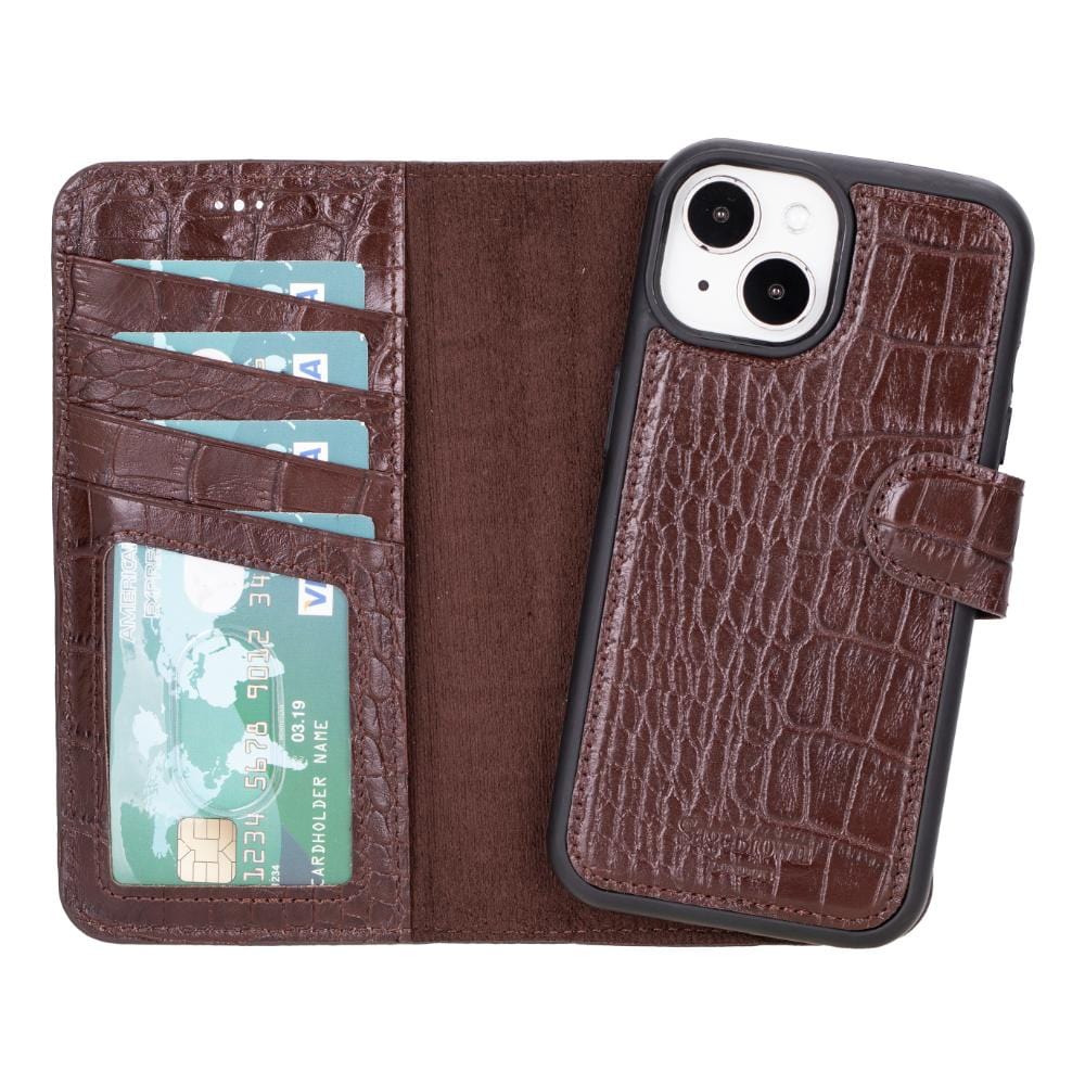 iPhone 15 case in leather with RFID, brown croc, detachable back cover