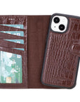 iPhone 15 case in leather with RFID, brown croc, detachable back cover