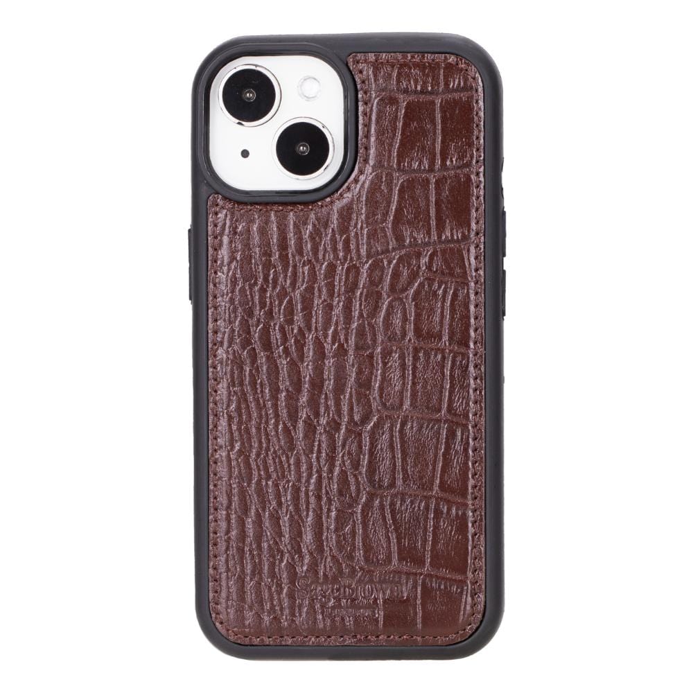 iPhone 15 case in leather with RFID, brown croc, with detachable back cover