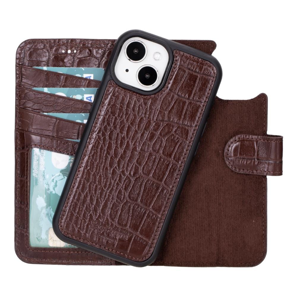 iPhone 15 case in leather with RFID, brown croc, open