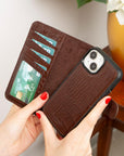 iPhone 15 case in leather with RFID, brown croc, lifestyle view