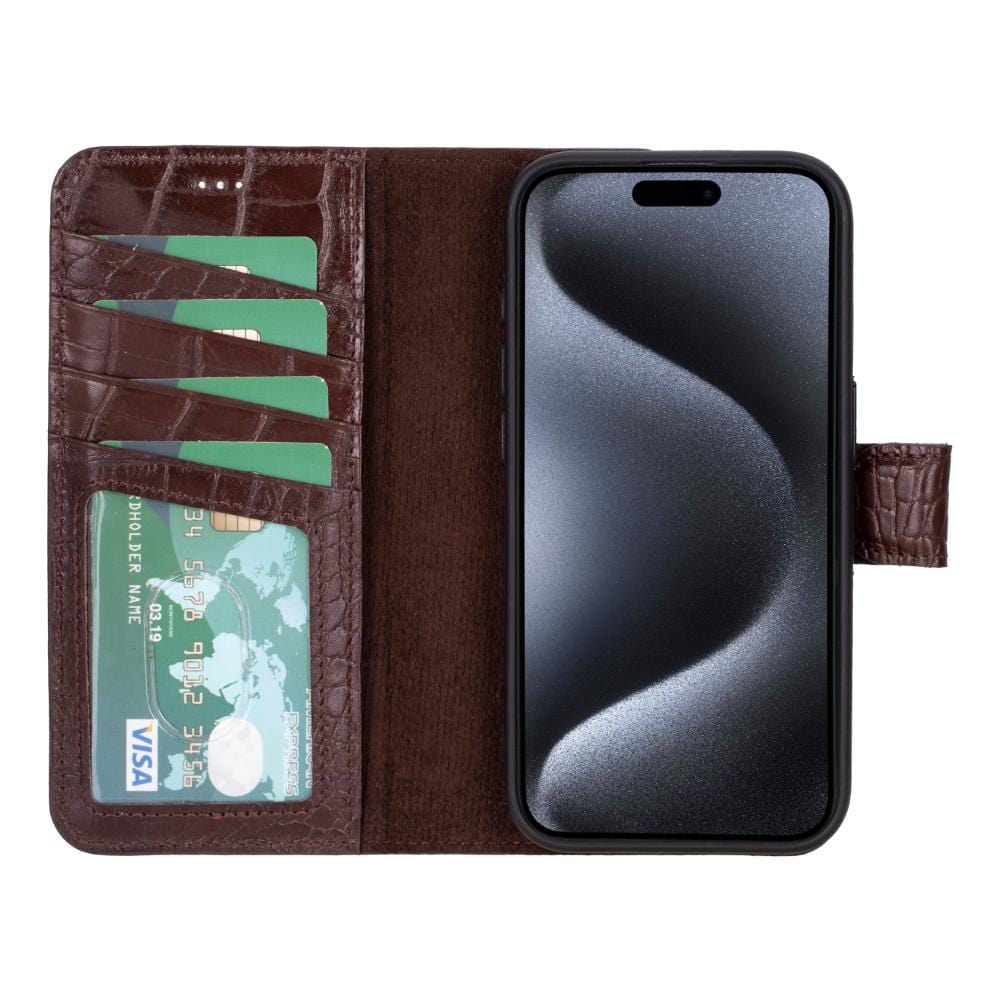 iPhone 15 Pro case in leather with RFID, brown croc, inside