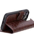 iPhone 15 Pro case in leather with RFID, brown croc, foldable design