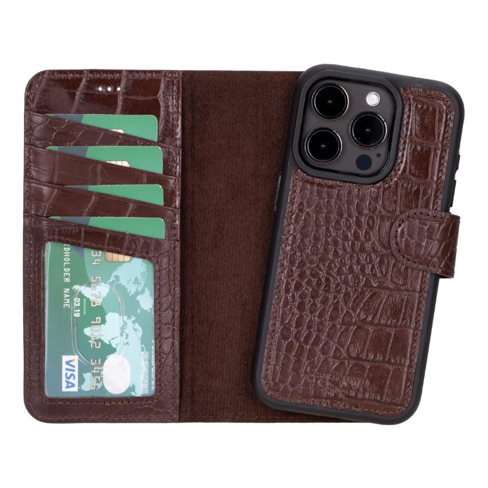 iPhone 15 Pro case in leather with RFID, brown croc, detachable back cover