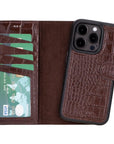 iPhone 15 Pro case in leather with RFID, brown croc, detachable back cover