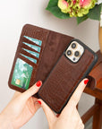 iPhone 15 Pro case in leather with RFID, brown croc, lifestyle