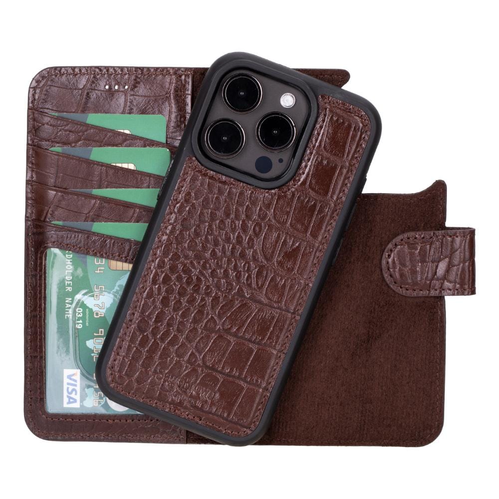 iPhone 15 Pro case in leather with RFID, brown croc, with detachable back cover