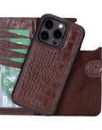 iPhone 15 Pro case in leather with RFID, brown croc, with detachable back cover