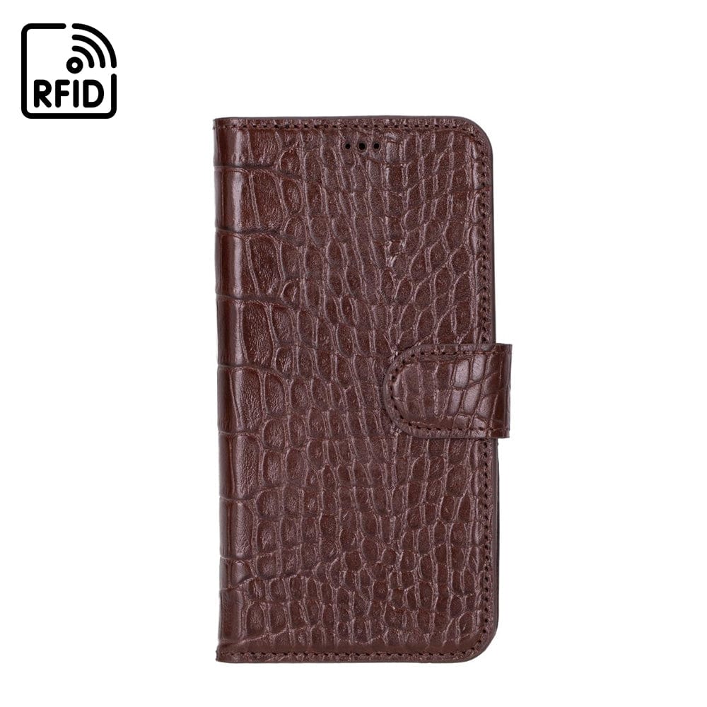 iPhone 15 Pro case in leather with RFID, brown croc, front