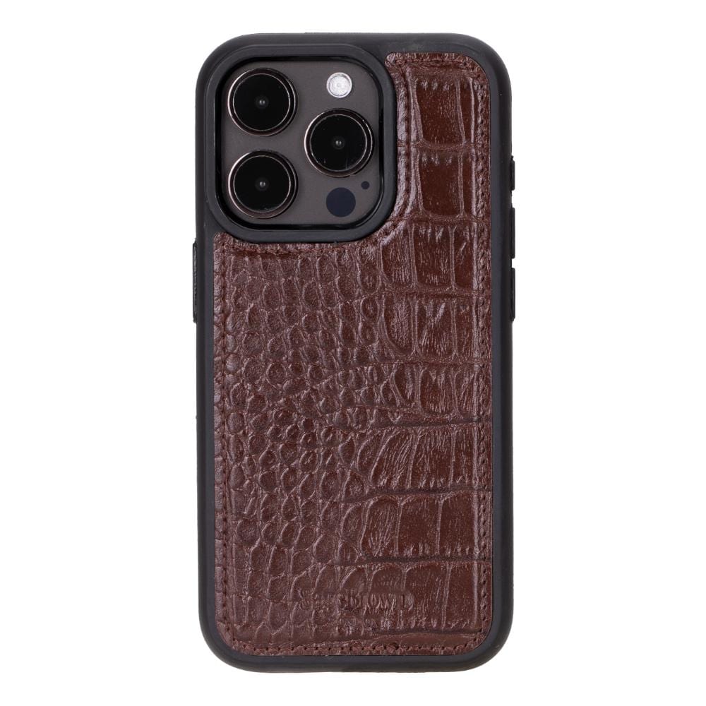 iPhone 15 Pro case in leather with RFID, brown croc, back cover