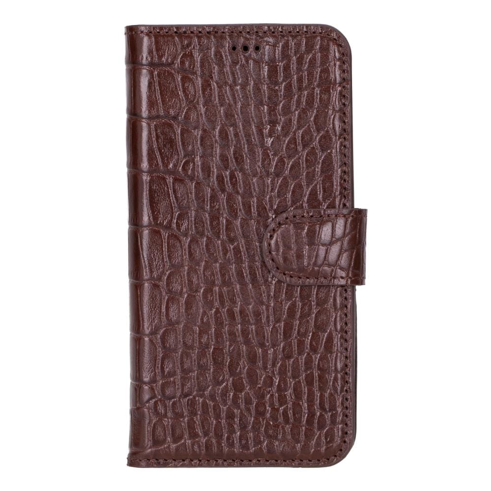 iPhone 15 Pro Max case in leather with RFID, brown croc, front