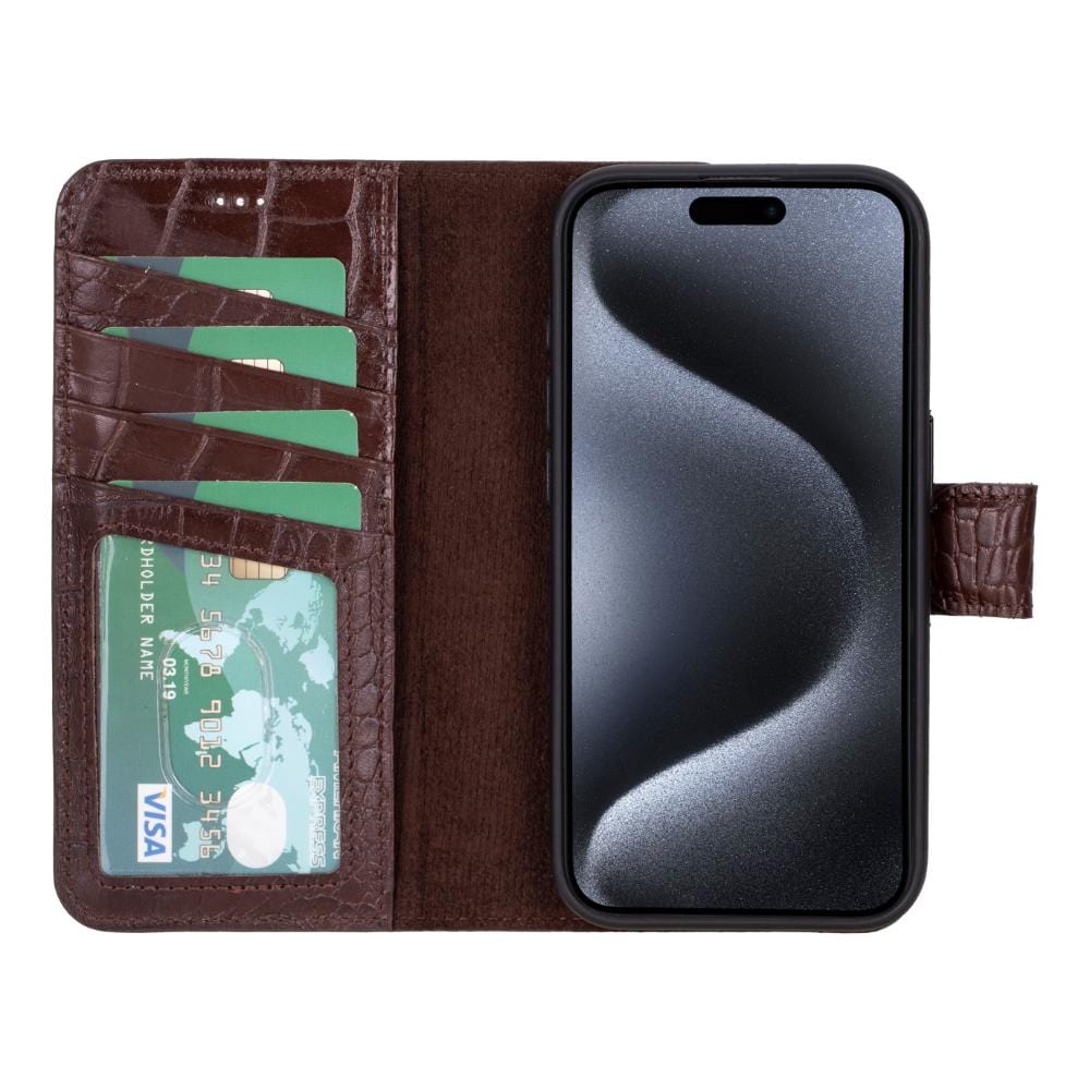 iPhone 15 Pro Max Case In Leather, RFID Protection, Brown Croc