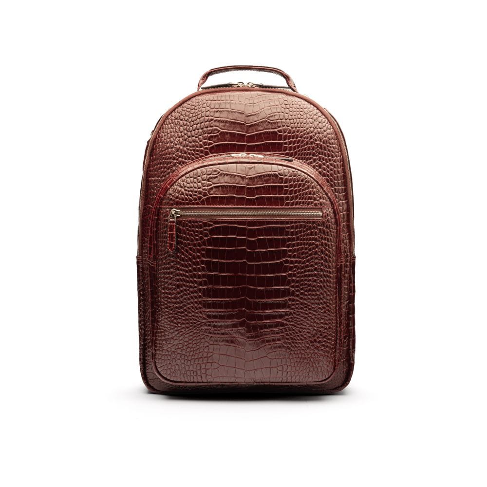 Men's leather 15" laptop backpack, burgundy croc, front view