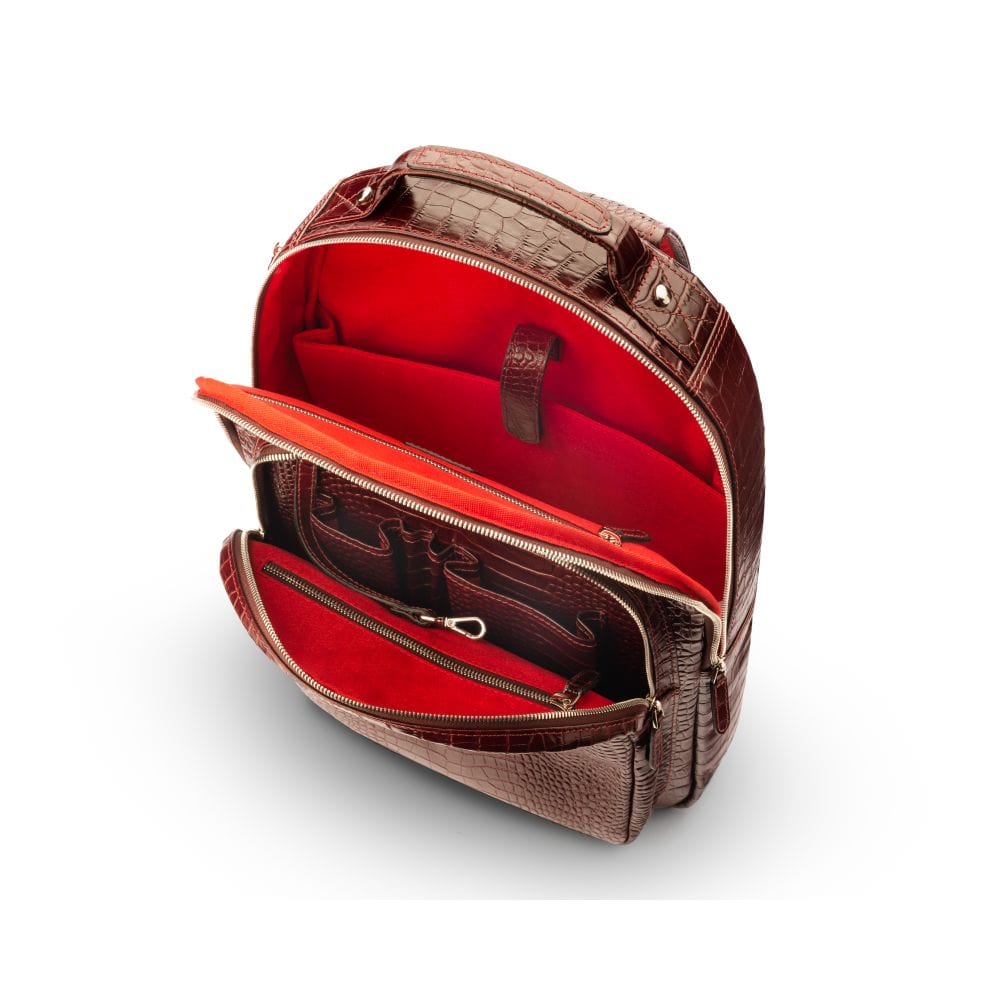 Men's leather 15" laptop backpack, burgundy croc, inside
